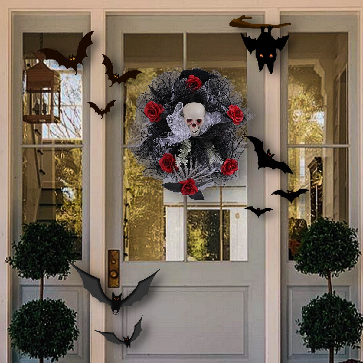 Halloween Skull Rose Wreath for Gothic Door Decoration