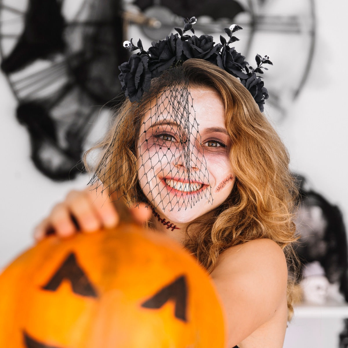 Halloween Rose Veil Headband for Dramatic Gothic Looks
