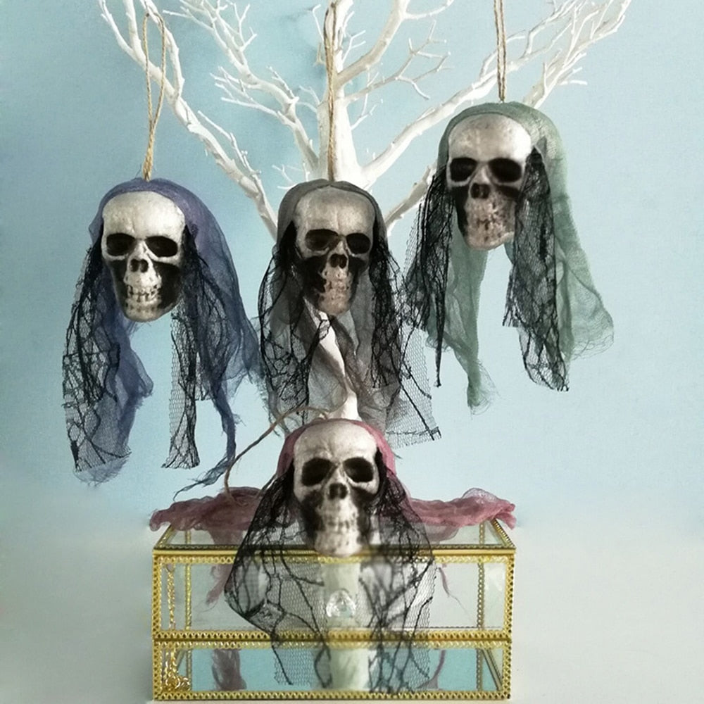 Hanging Skull Halloween Prop with Black Veil Decor