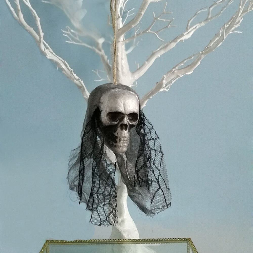 Hanging Skull Halloween Prop with Black Veil Decor