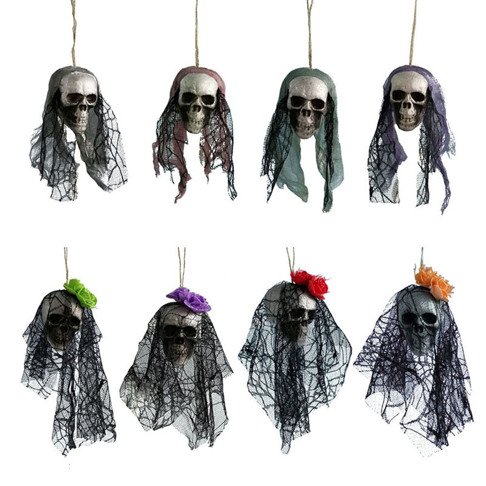 Hanging Skull Halloween Prop with Black Veil Decor
