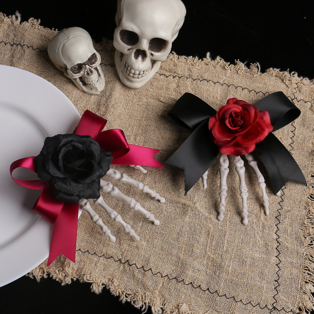 Skeleton Hand Hair Clip – Gothic Halloween Rose Bow