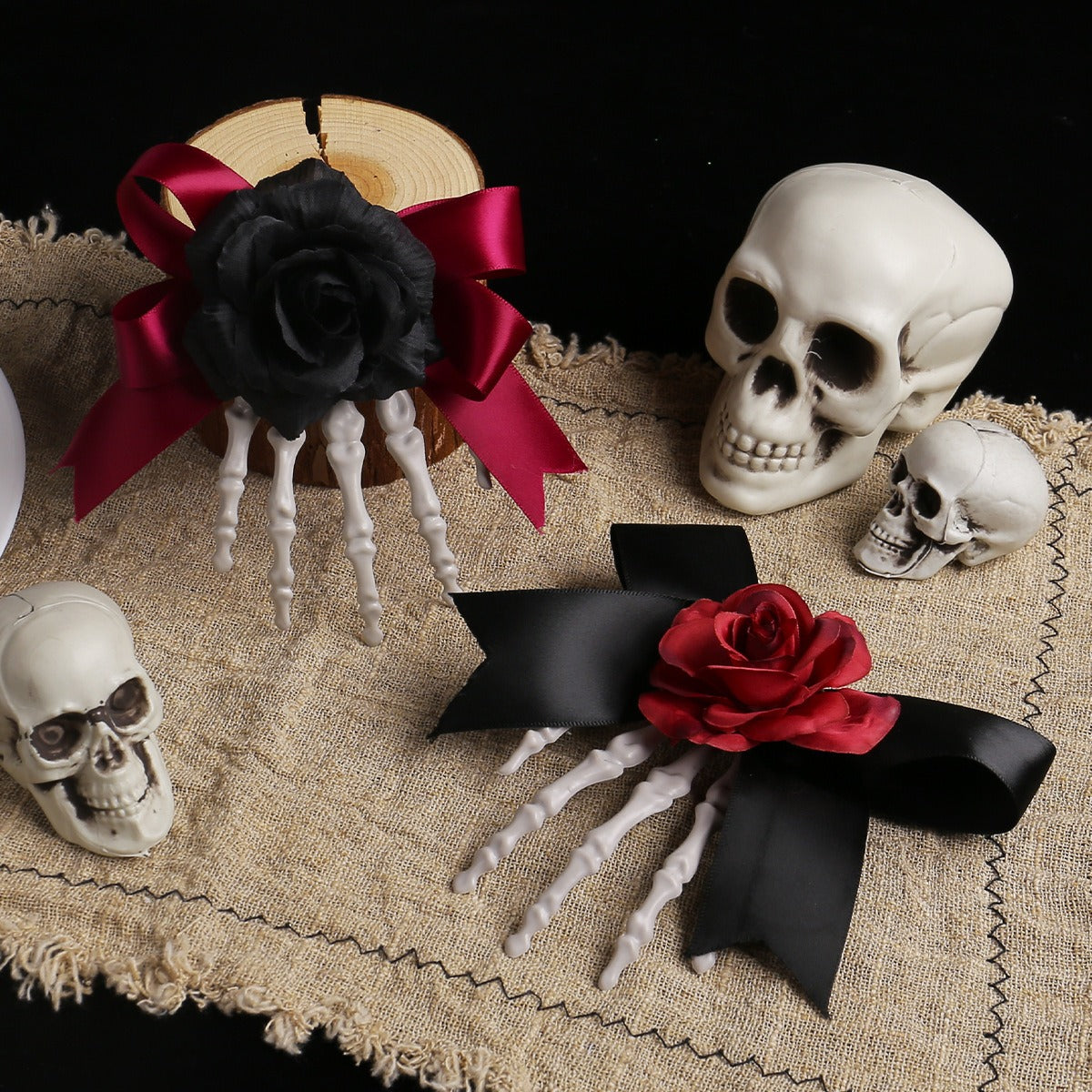 Skeleton Hand Hair Clip – Gothic Halloween Rose Bow