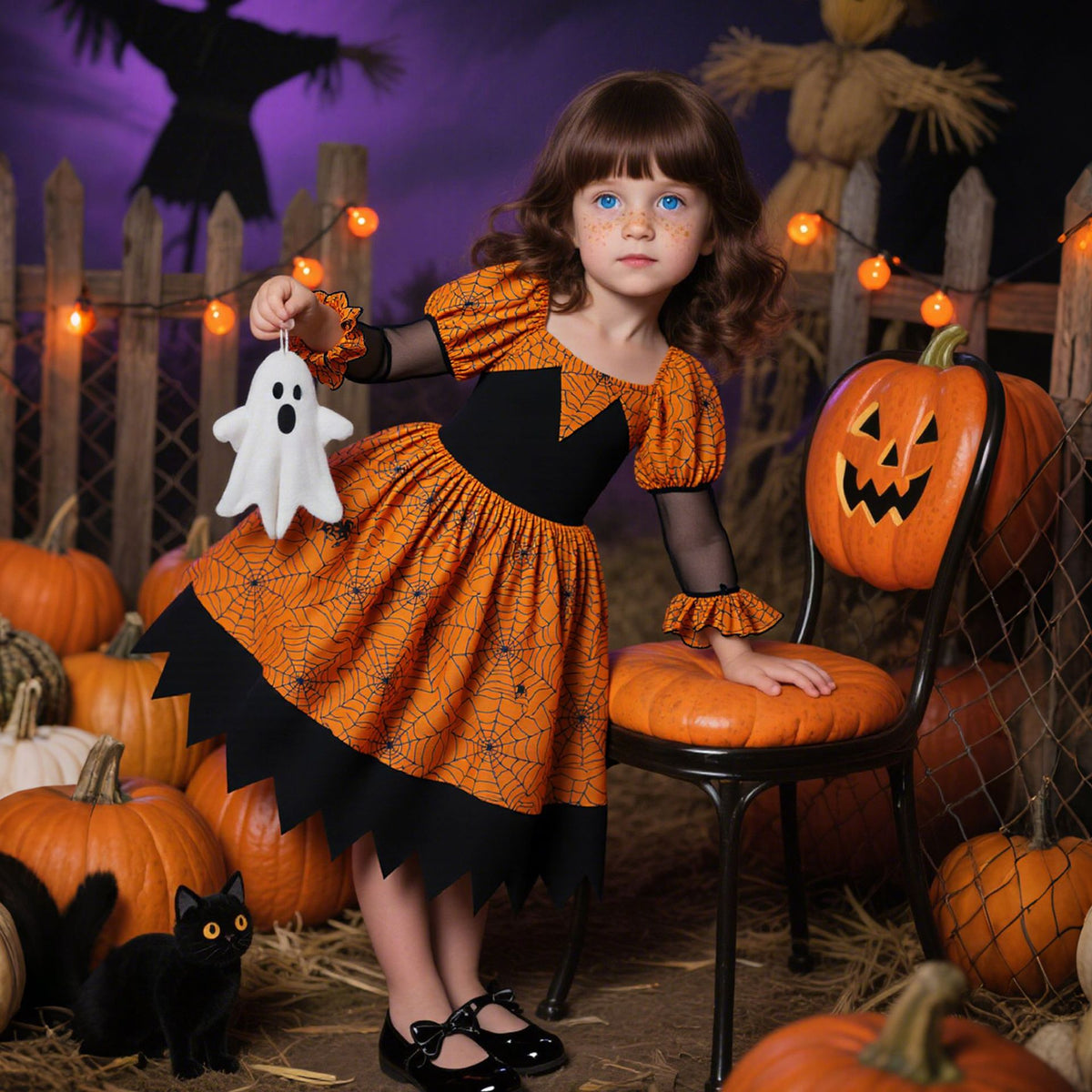 Girls' Halloween Witch Princess Dress with Puff Sleeves