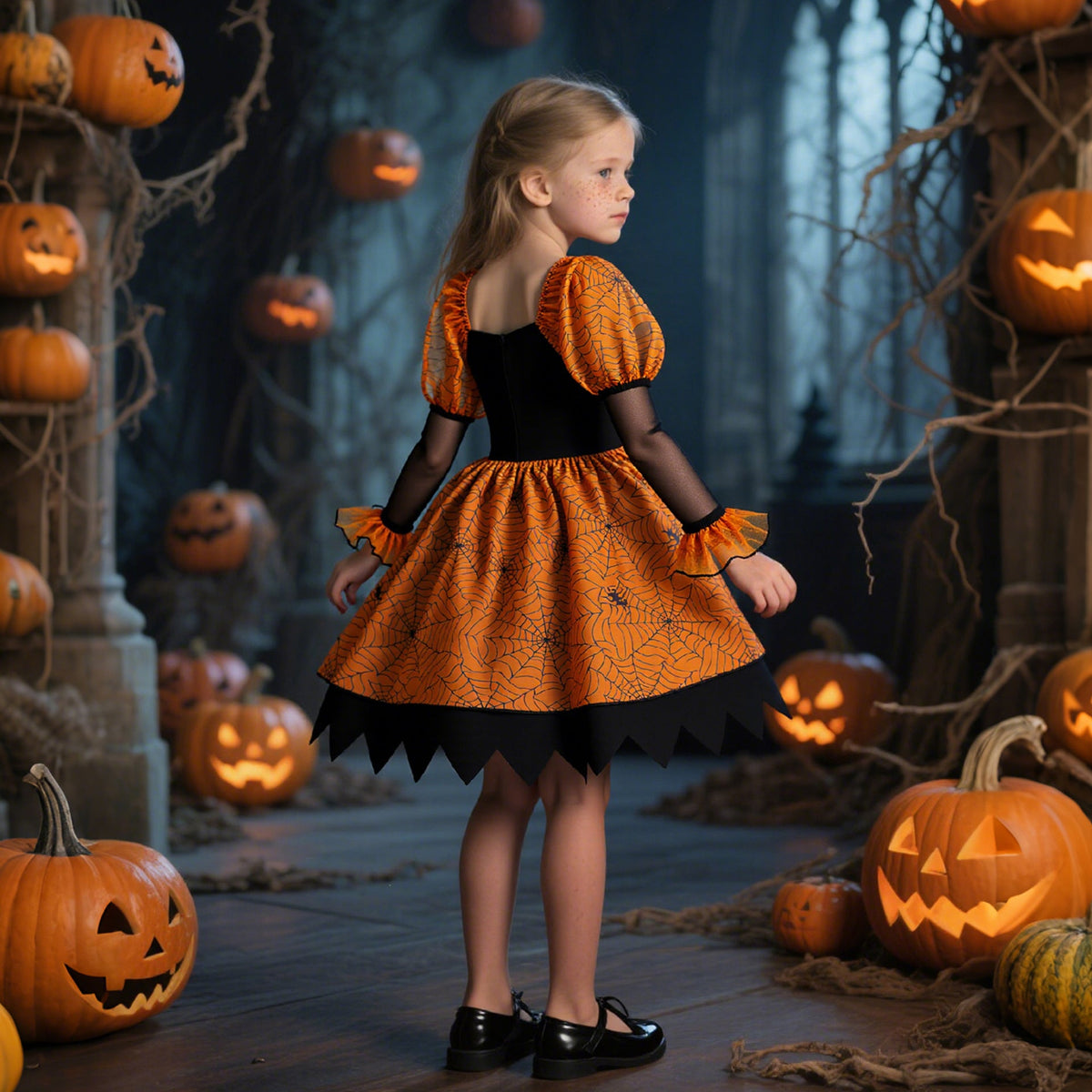 Girls' Halloween Witch Princess Dress with Puff Sleeves