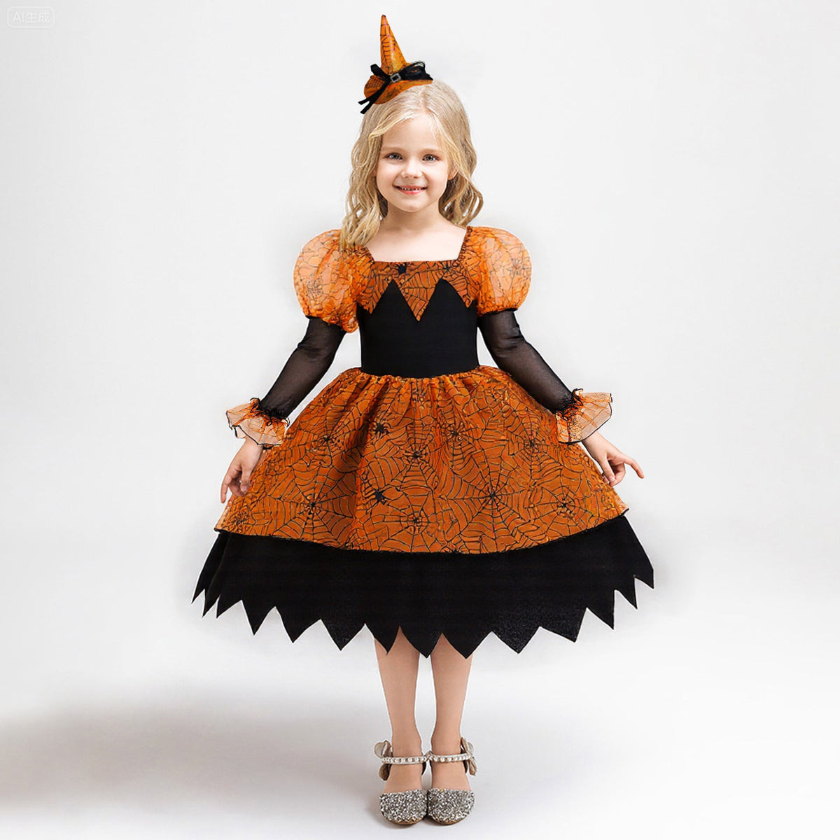 Girls' Halloween Witch Princess Dress with Puff Sleeves