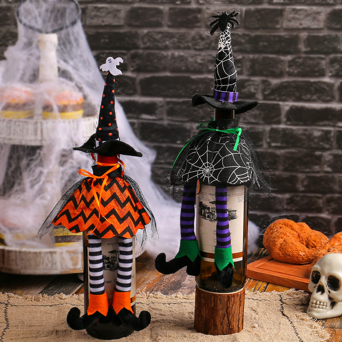 Halloween Wine Bottle Witch Hat Cover Ornament Set Decor