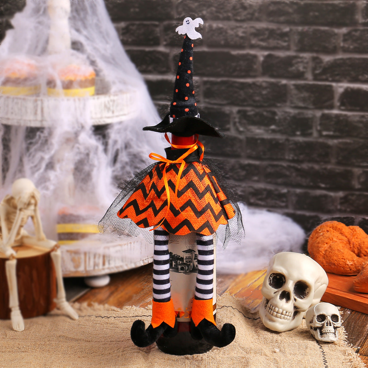 Halloween Wine Bottle Witch Hat Cover Ornament Set Decor