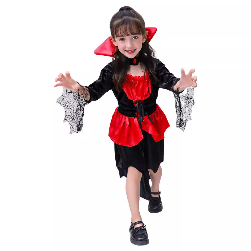 Girls Vampire Witch Halloween Costume Red Black Dress