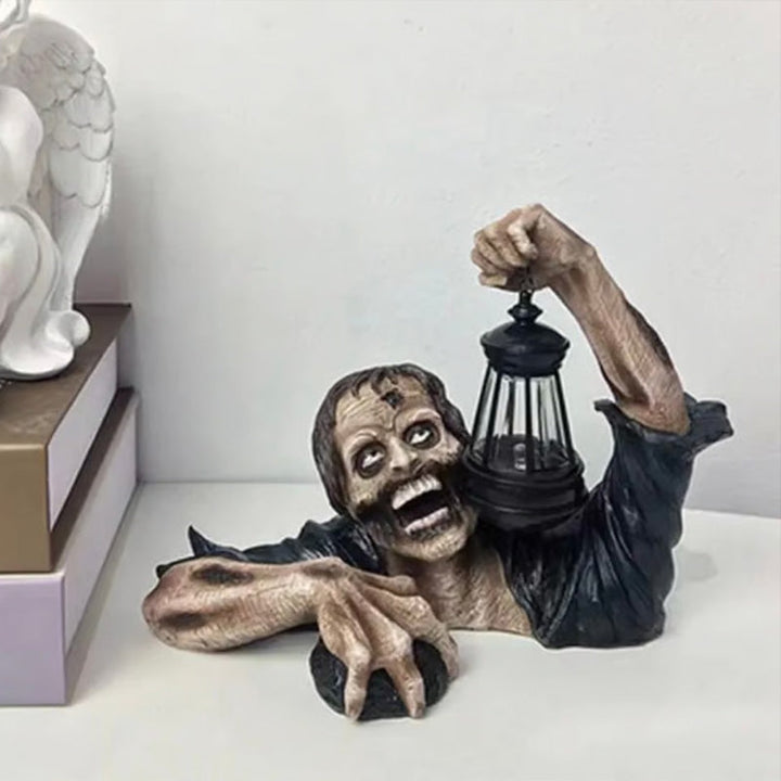 Zombie Lawn Statue with a Glowing Halloween Lantern