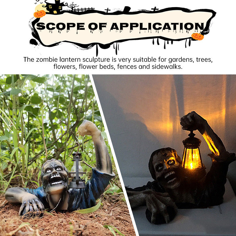 Zombie Lawn Statue with a Glowing Halloween Lantern
