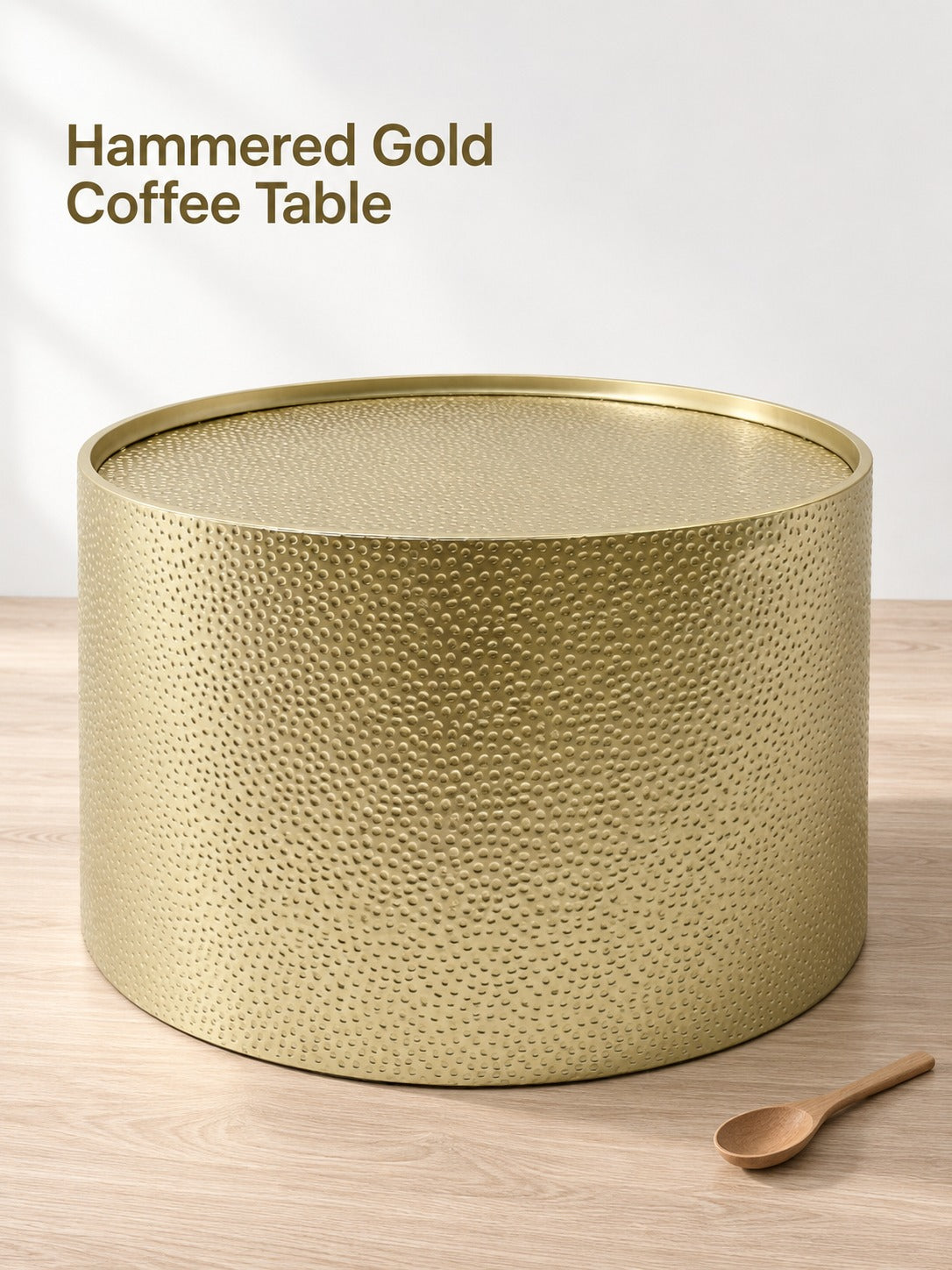 Hammered Gold Metal Drum Coffee Table for Living Rooms