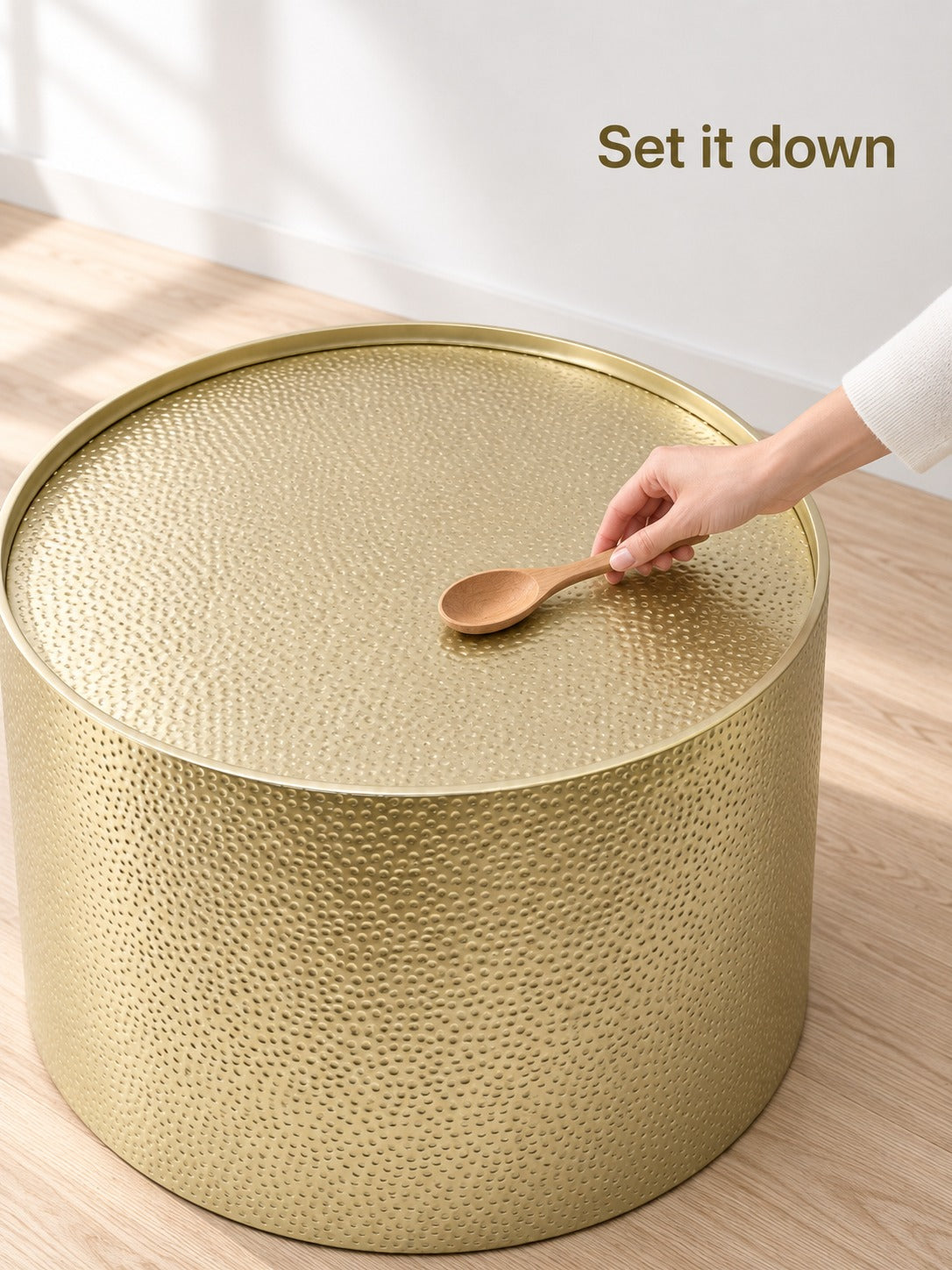 Hammered Gold Metal Drum Coffee Table for Living Rooms