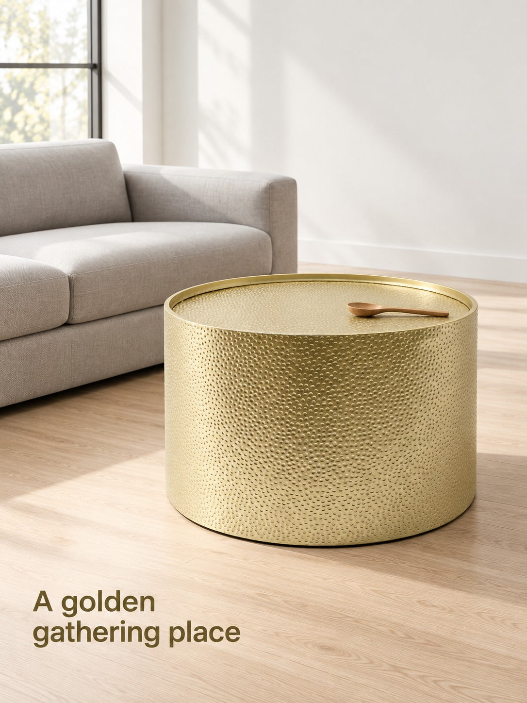 Hammered Gold Metal Drum Coffee Table for Living Rooms