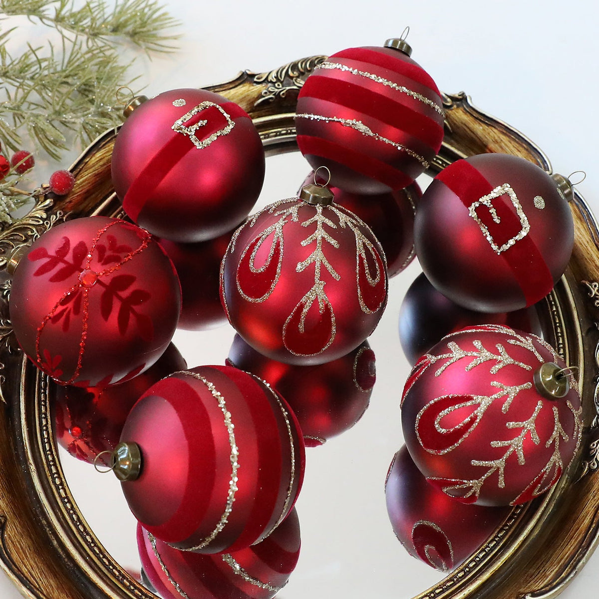 Hand-Painted Christmas Ornaments, 12-Piece Red Set