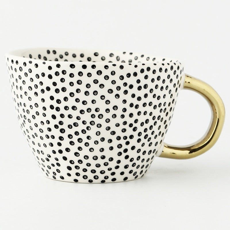 Hand Painted Geometric Ceramic Mug With Gold Handle