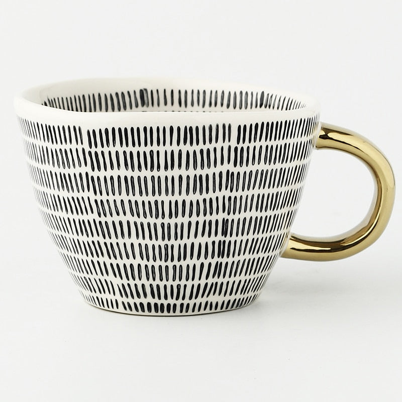 Hand Painted Geometric Ceramic Mug With Gold Handle
