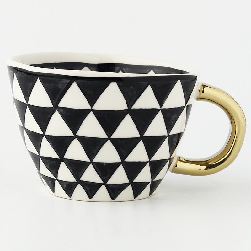 Hand Painted Geometric Ceramic Mug With Gold Handle