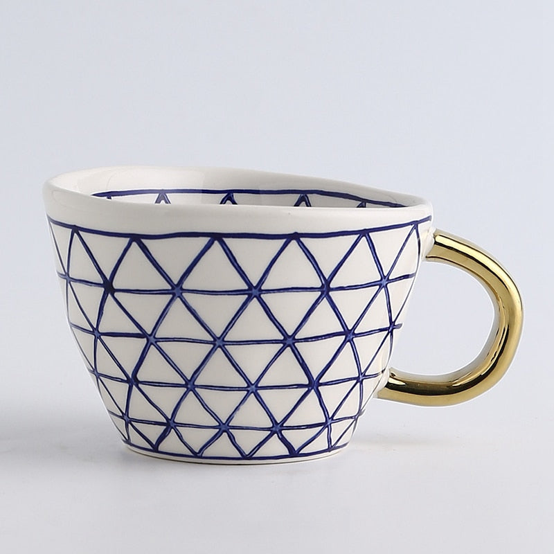Hand Painted Geometric Ceramic Mug With Gold Handle