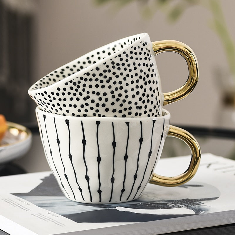 Hand Painted Geometric Ceramic Mug With Gold Handle