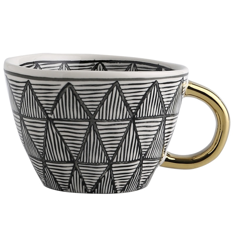 Hand Painted Geometric Ceramic Mug With Gold Handle