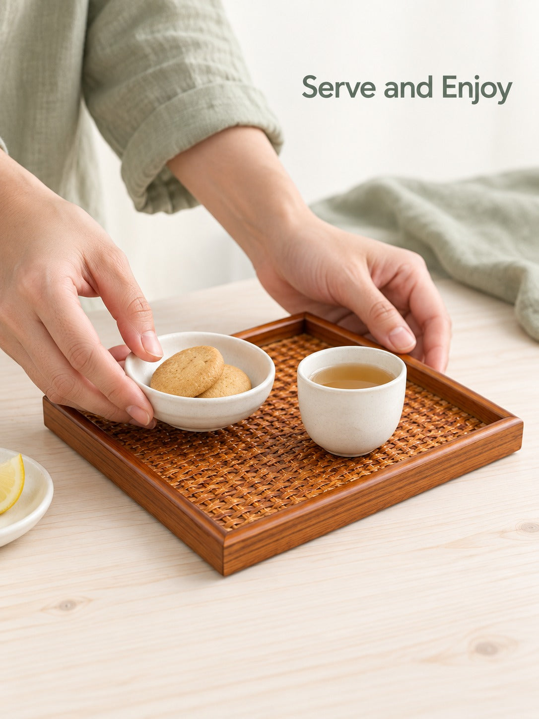 Hand-Woven Ash Rattan Serving Tray for Tea and Snacks
