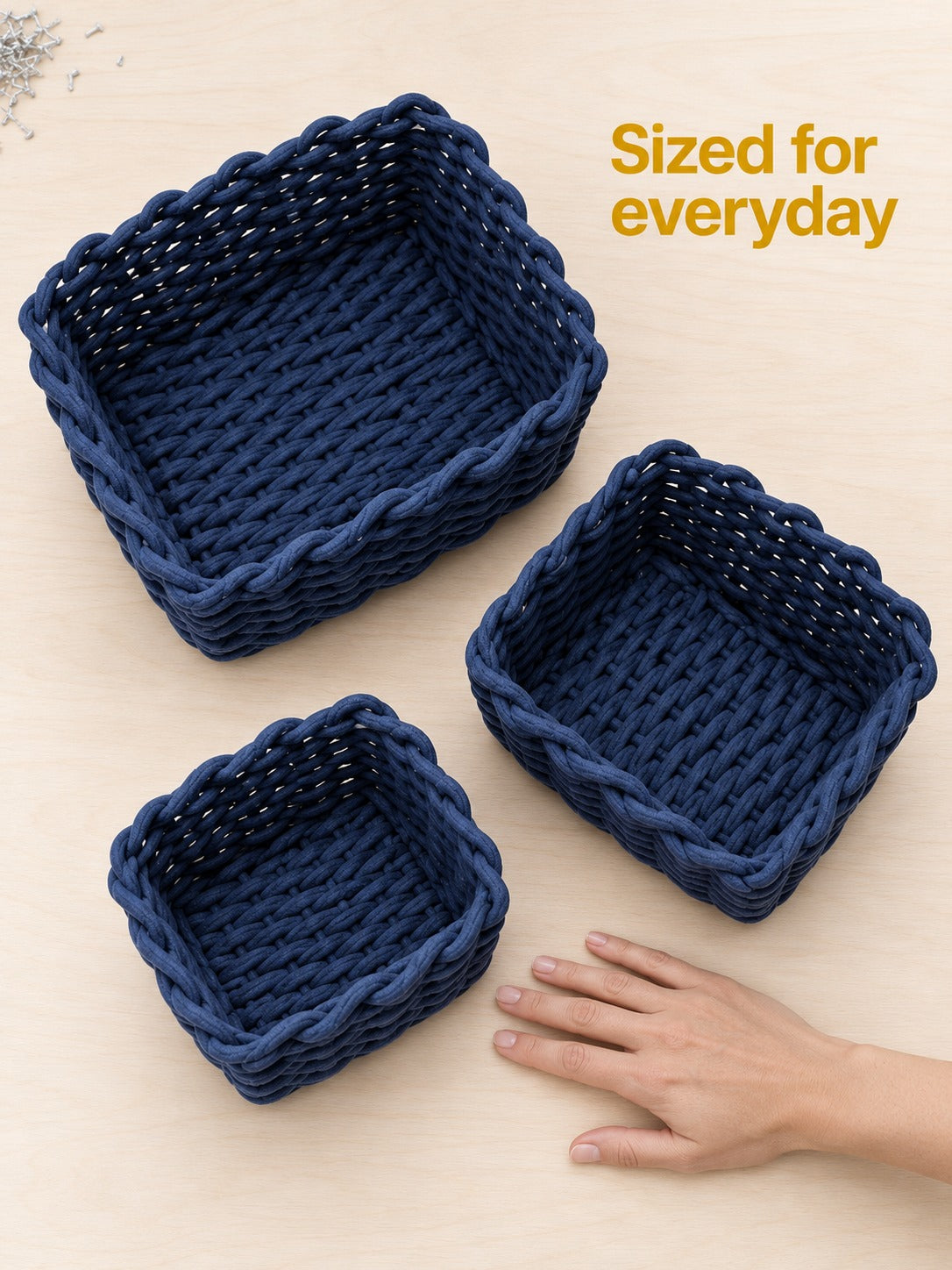 Hand Woven Cotton Rope Storage Baskets Set of 3 Navy