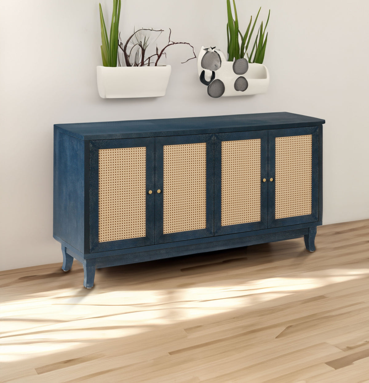 Navy Blue Rattan Sideboard Cabinet With 4 Woven Doors