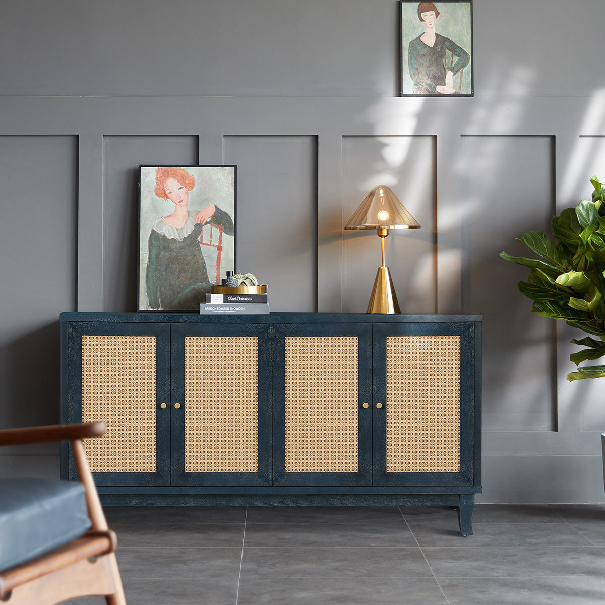 Navy Blue Rattan Sideboard Cabinet With 4 Woven Doors