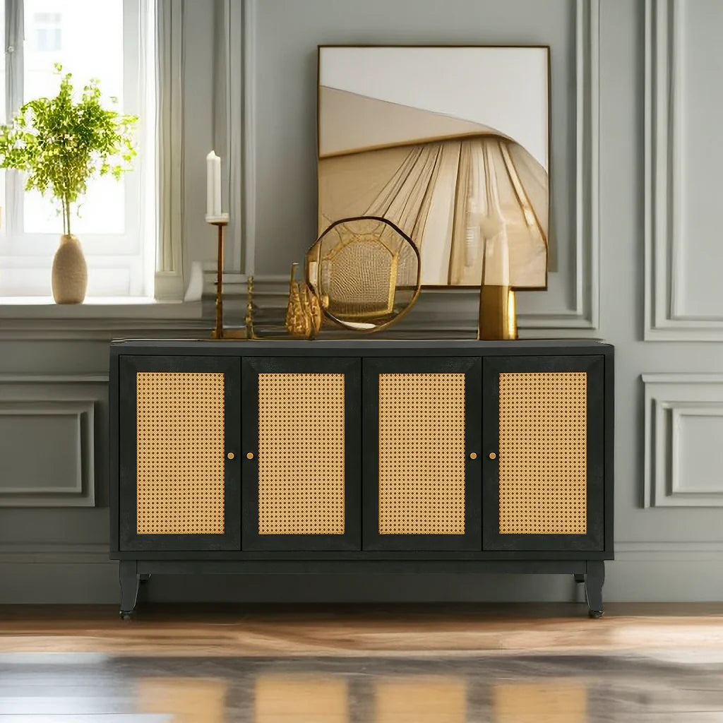 Black Rattan Door Sideboard Buffet Cabinet for Storage