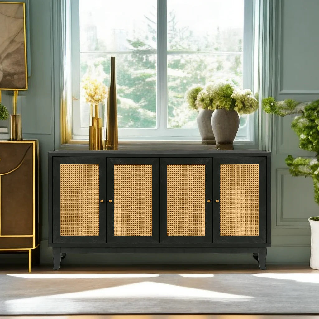 Black Rattan Door Sideboard Buffet Cabinet for Storage