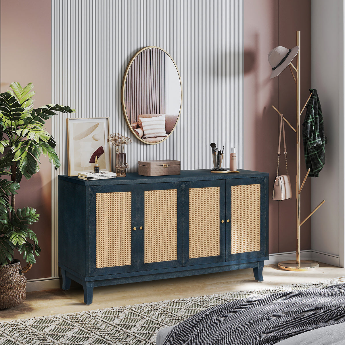 Navy Blue Rattan Sideboard Cabinet With 4 Woven Doors