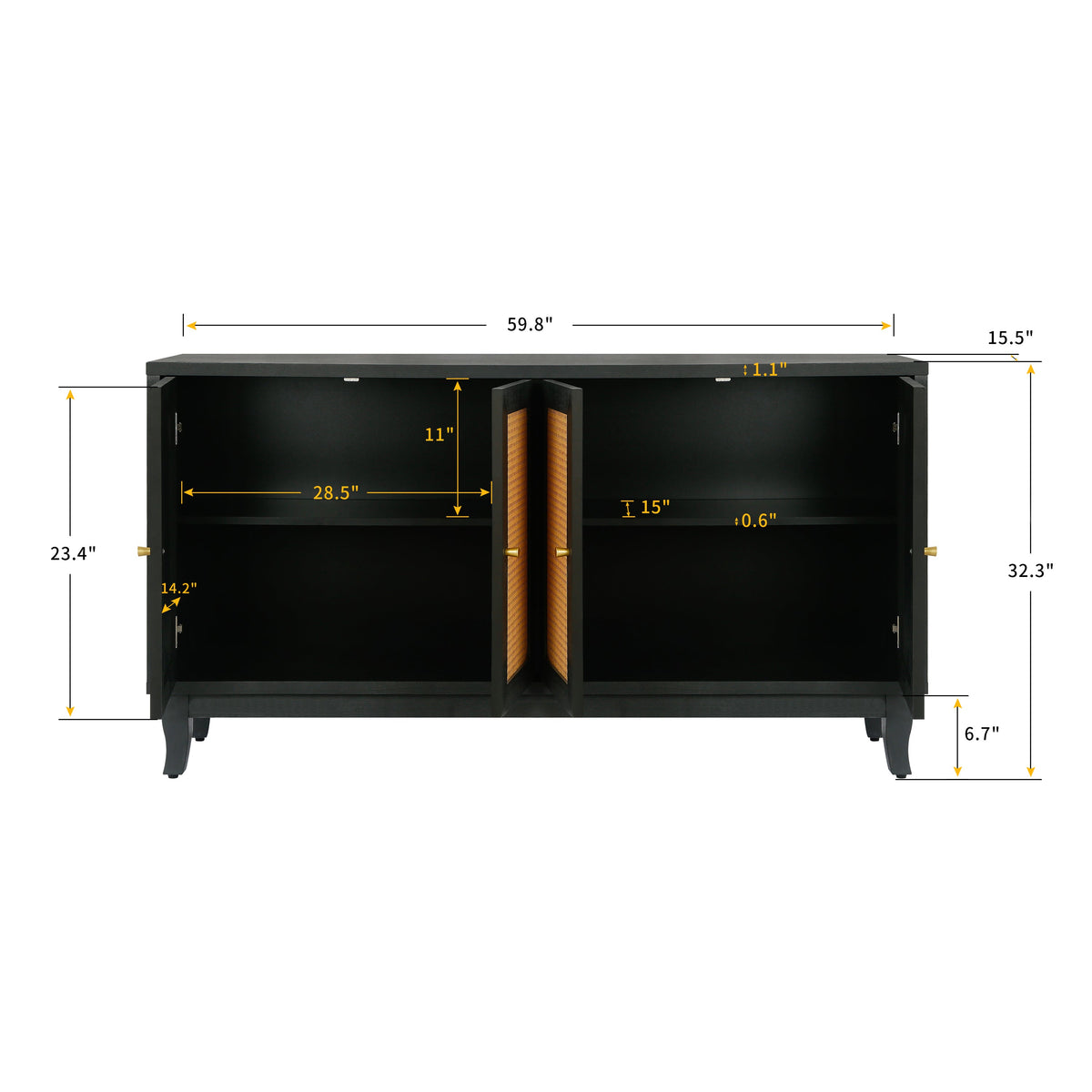 Black Rattan Door Sideboard Buffet Cabinet for Storage