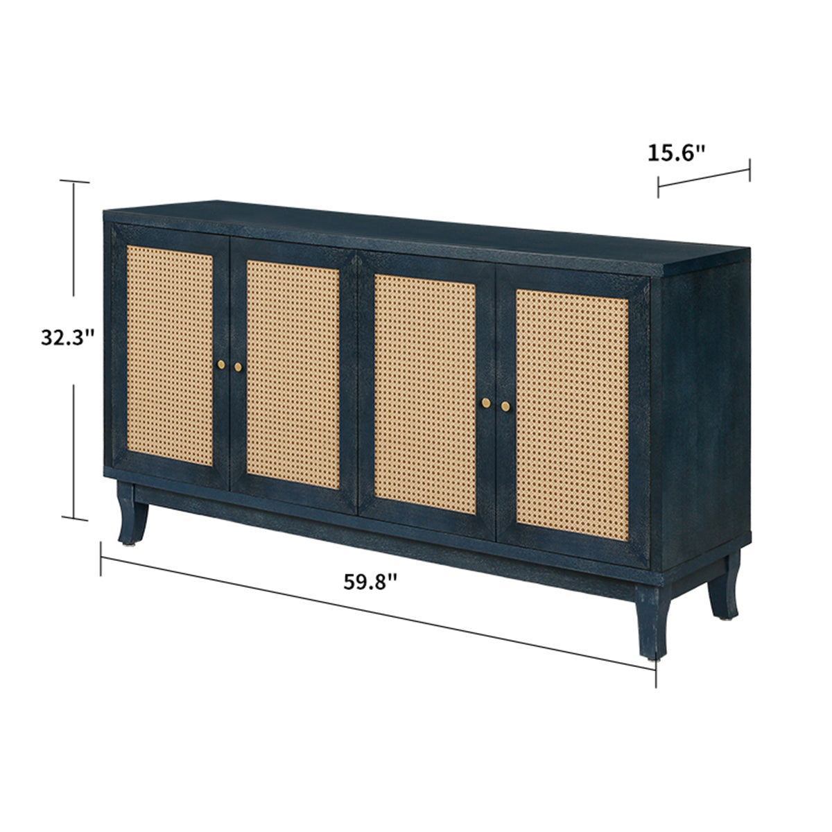 Navy Blue Rattan Sideboard Cabinet With 4 Woven Doors