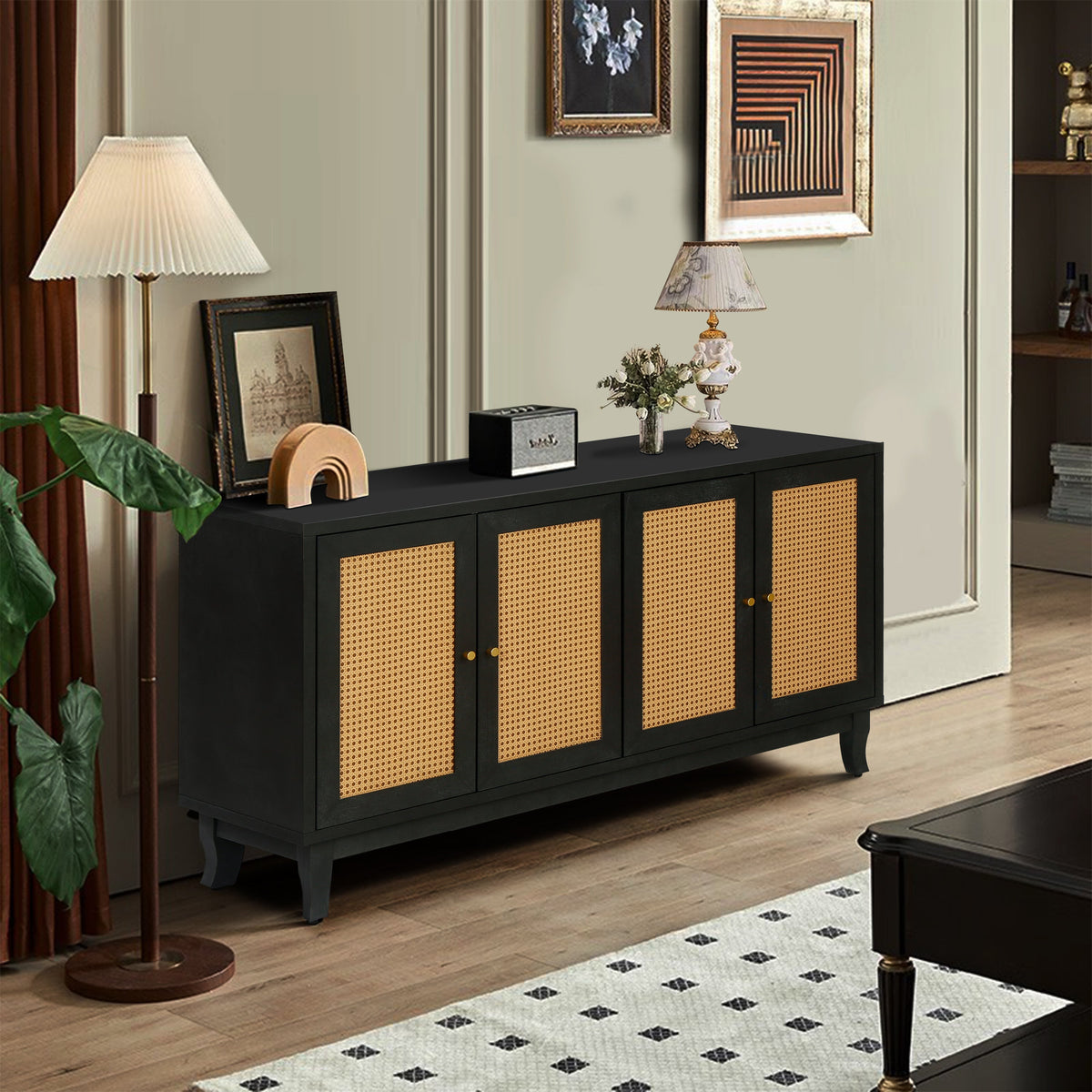 Black Rattan Door Sideboard Buffet Cabinet for Storage
