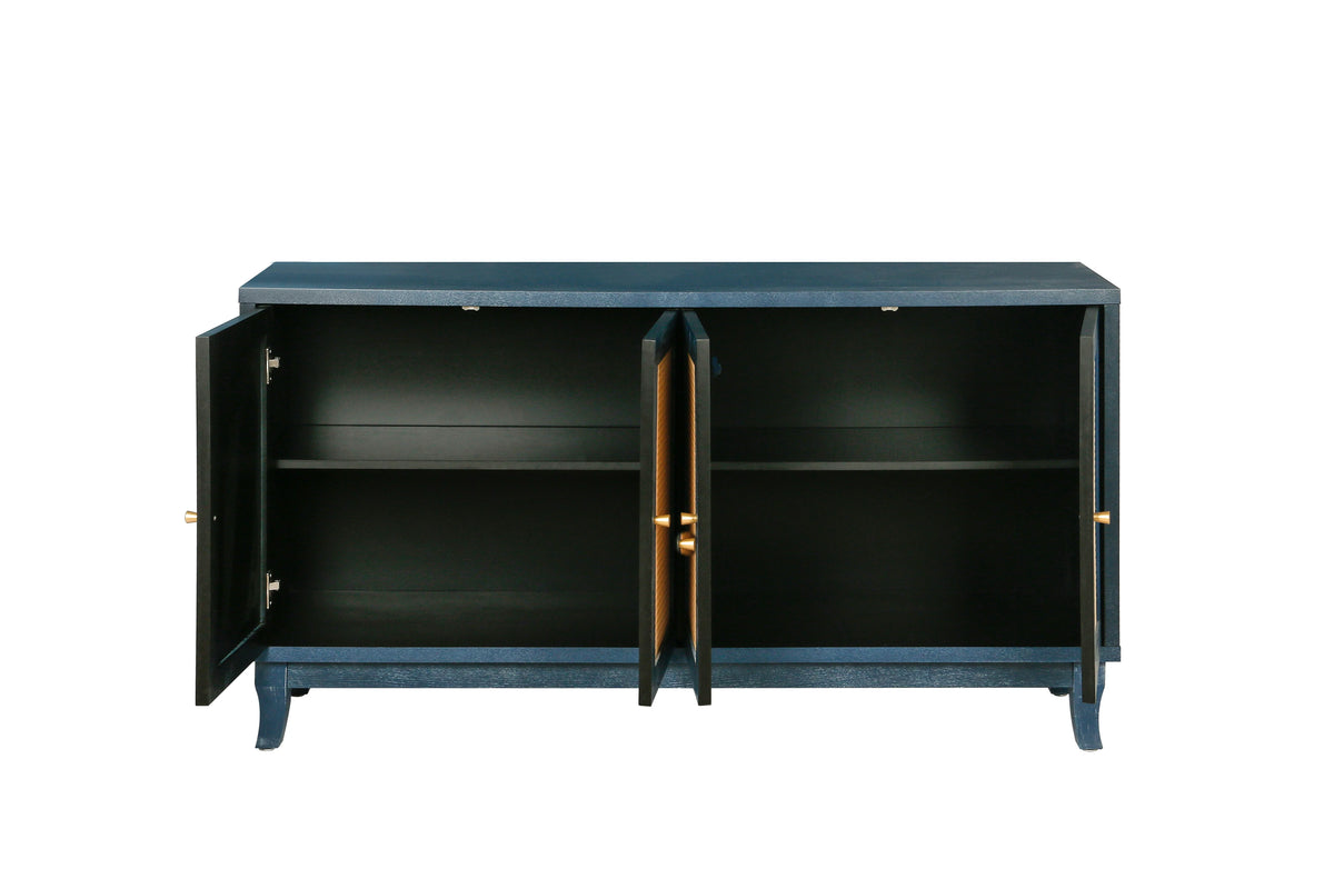 Navy Blue Rattan Sideboard Cabinet With 4 Woven Doors