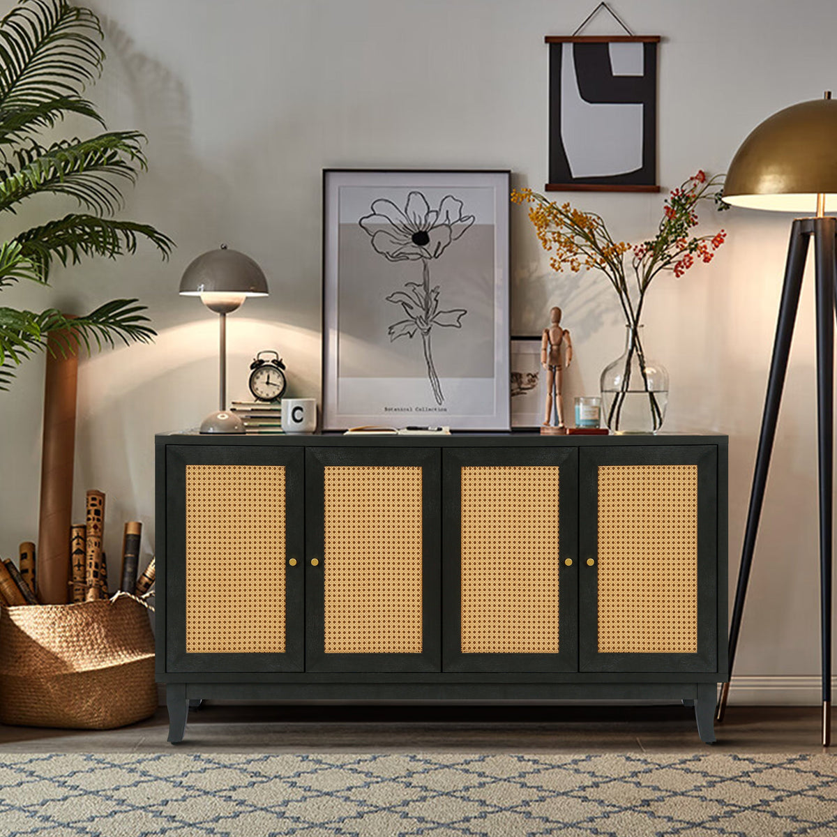 Black Rattan Door Sideboard Buffet Cabinet for Storage