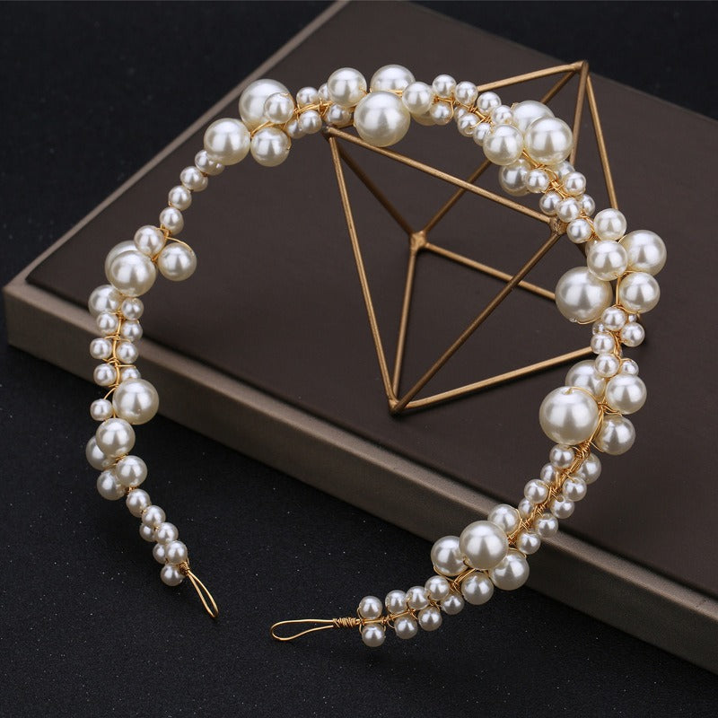 Handmade Pearl Cluster Bridal Headband with Gold Wrap