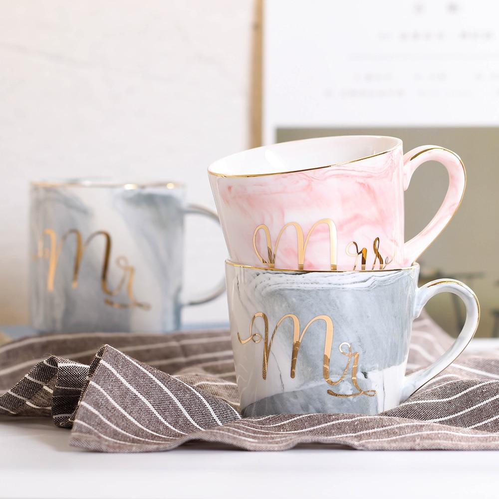 Mr and Mrs Marble Coffee Mug Set with Gold Monogram
