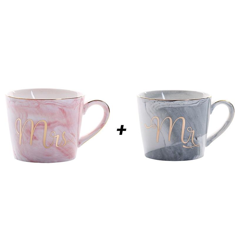 Mr and Mrs Marble Coffee Mug Set with Gold Monogram