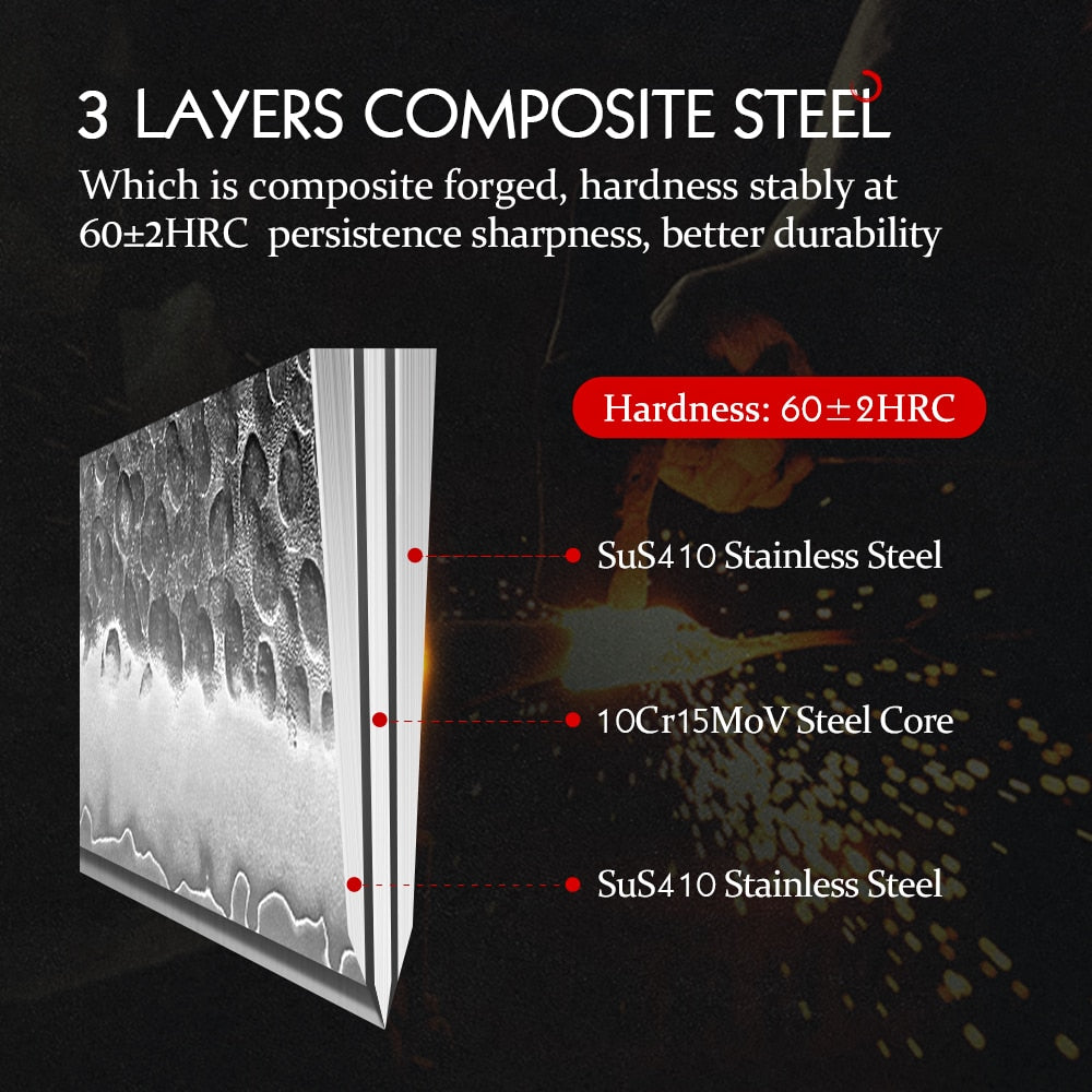 Kitchen Knife Set: Hammered 3-Layer Steel, 4 Piece Gift