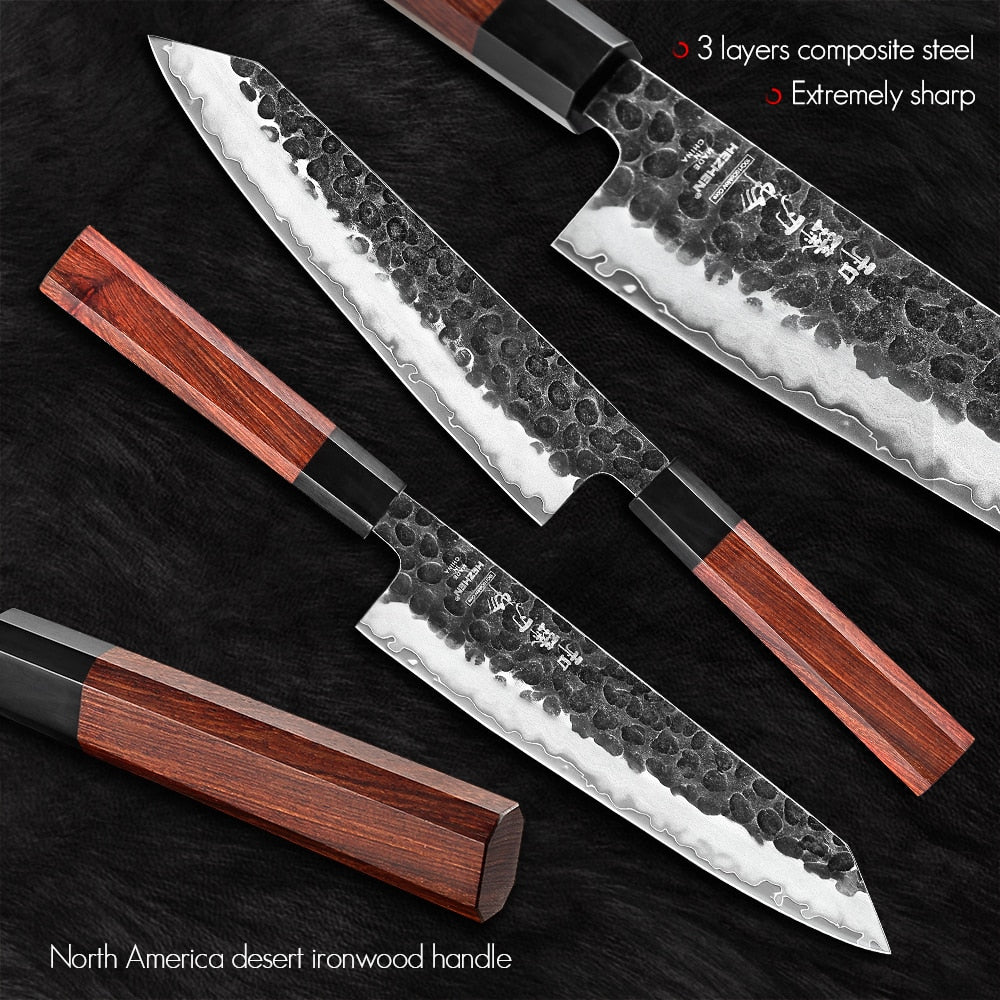 Kitchen Knife Set: Hammered 3-Layer Steel, 4 Piece Gift