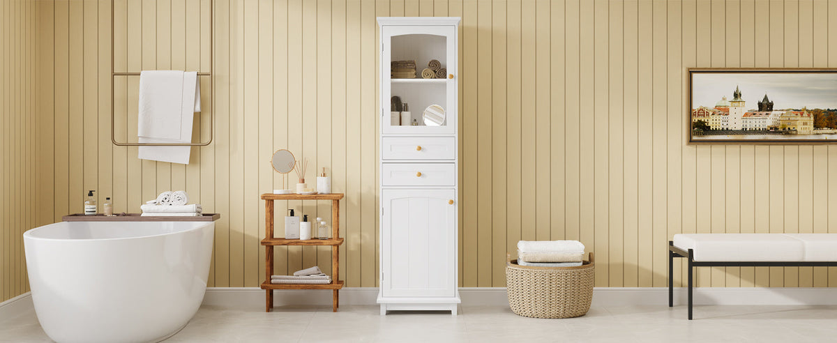 Tall Bathroom Storage Cabinet, Glass Door & Drawers