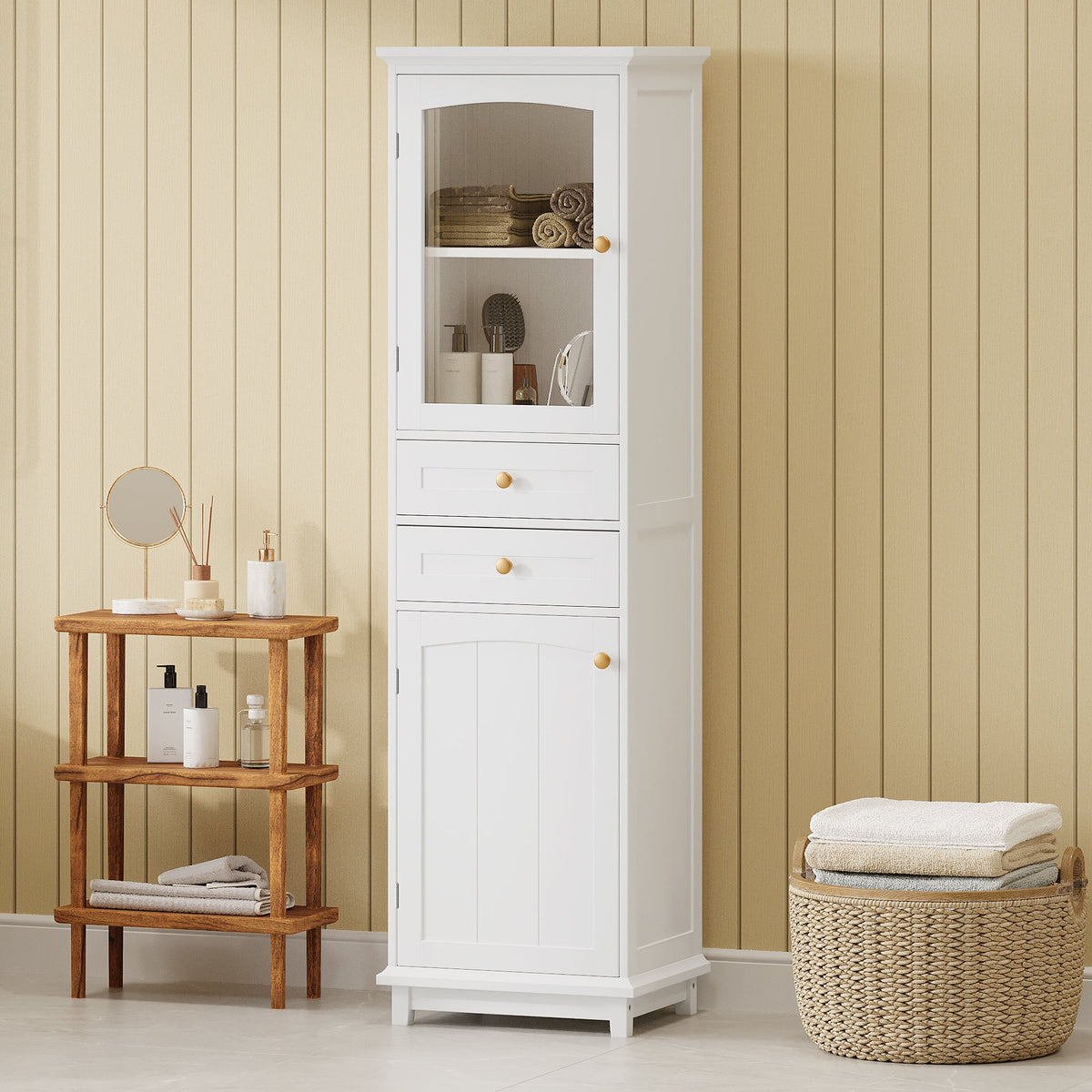 Tall Bathroom Storage Cabinet, Glass Door & Drawers