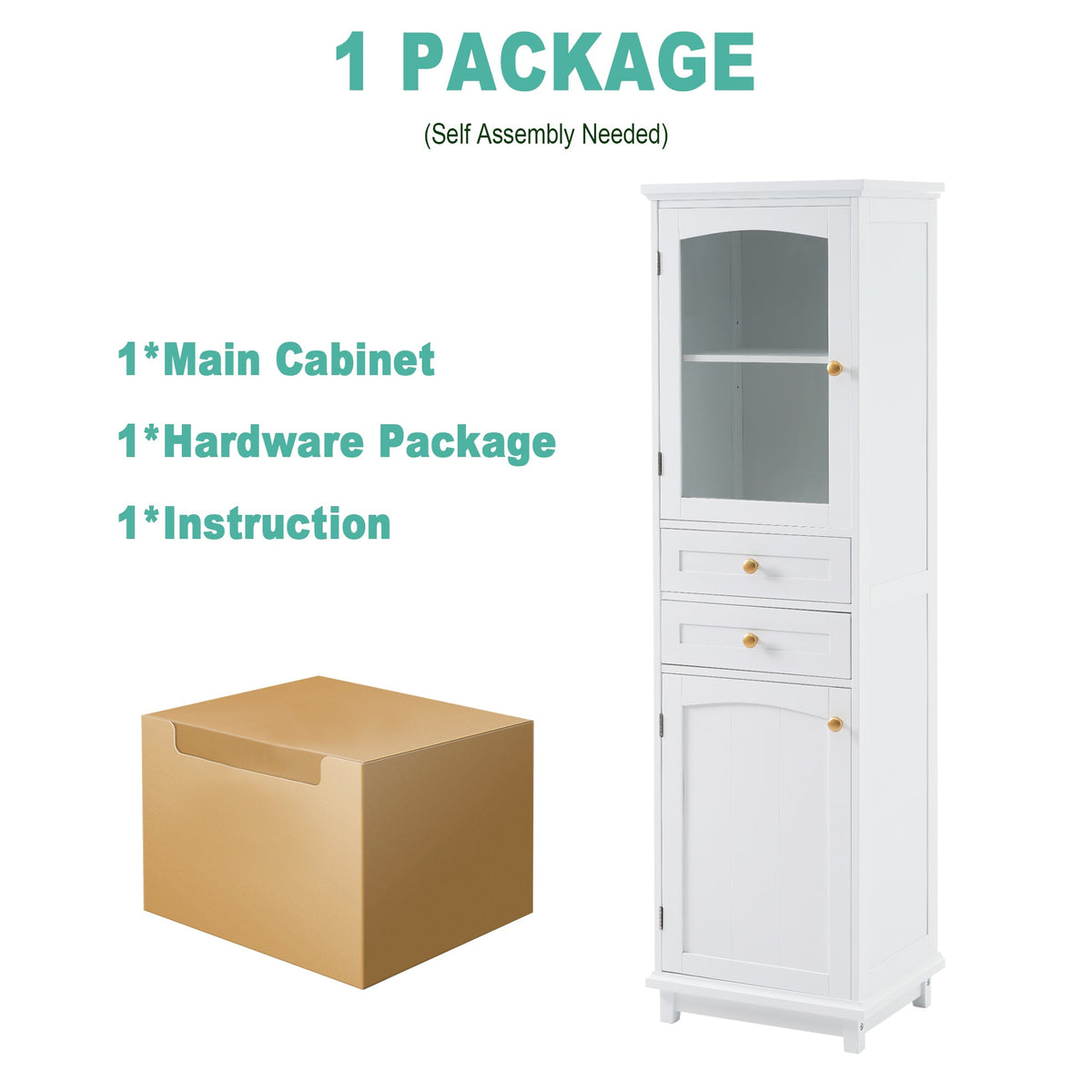 Tall Bathroom Storage Cabinet, Glass Door & Drawers