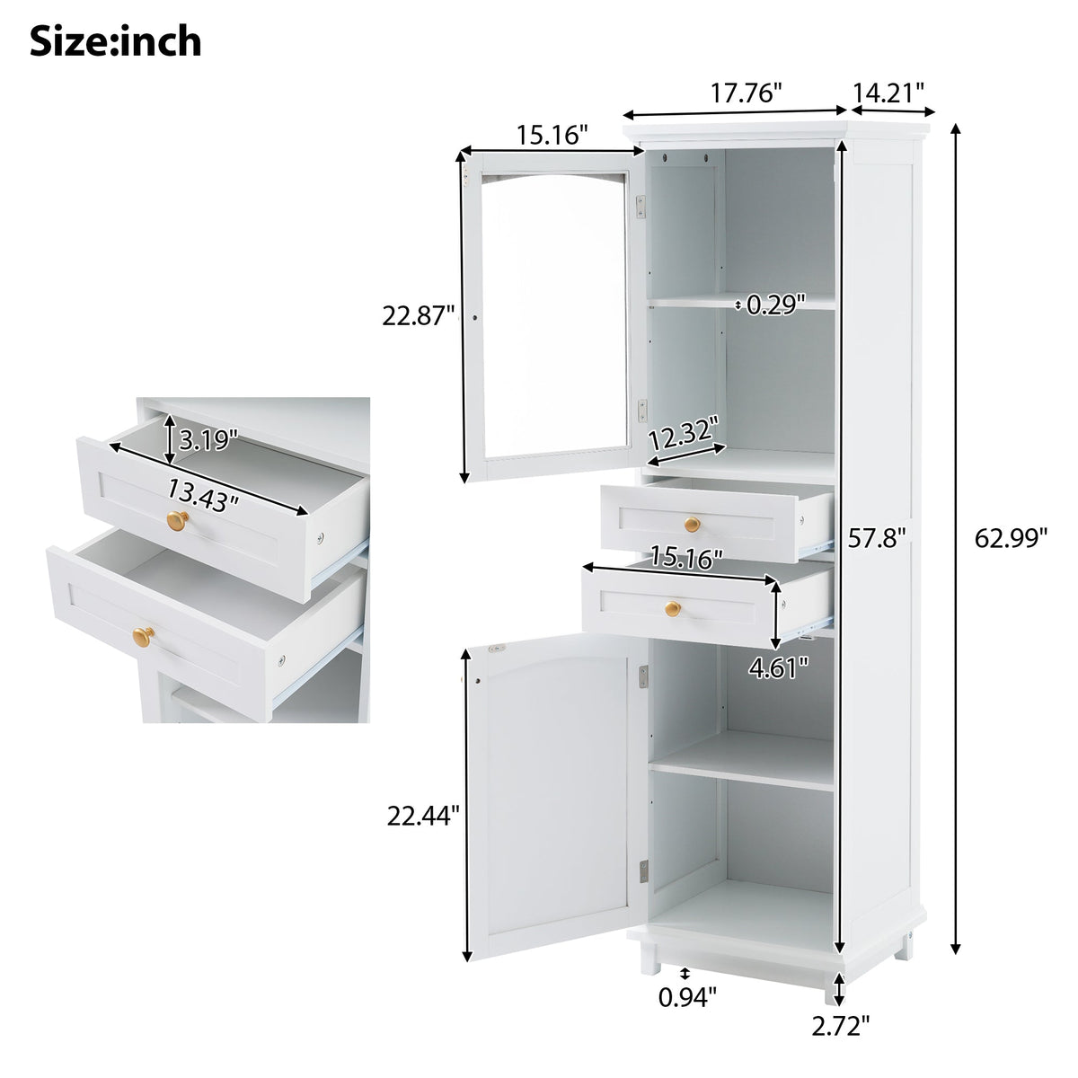 Tall Bathroom Storage Cabinet, Glass Door & Drawers