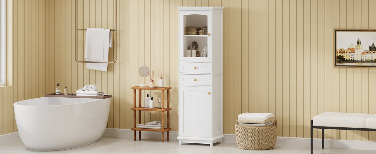 Tall Bathroom Storage Cabinet, Glass Door & Drawers