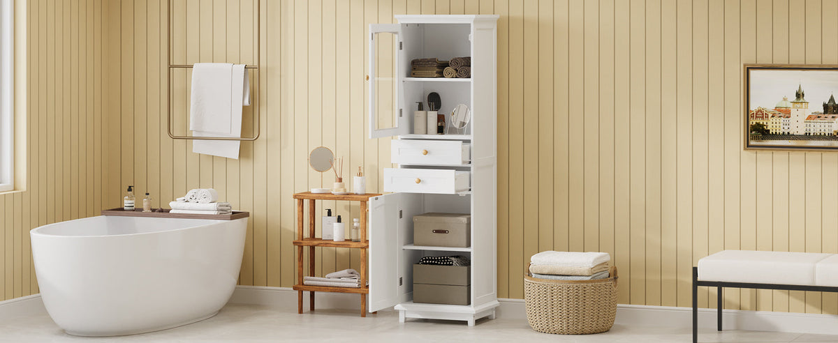 Tall Bathroom Storage Cabinet, Glass Door & Drawers