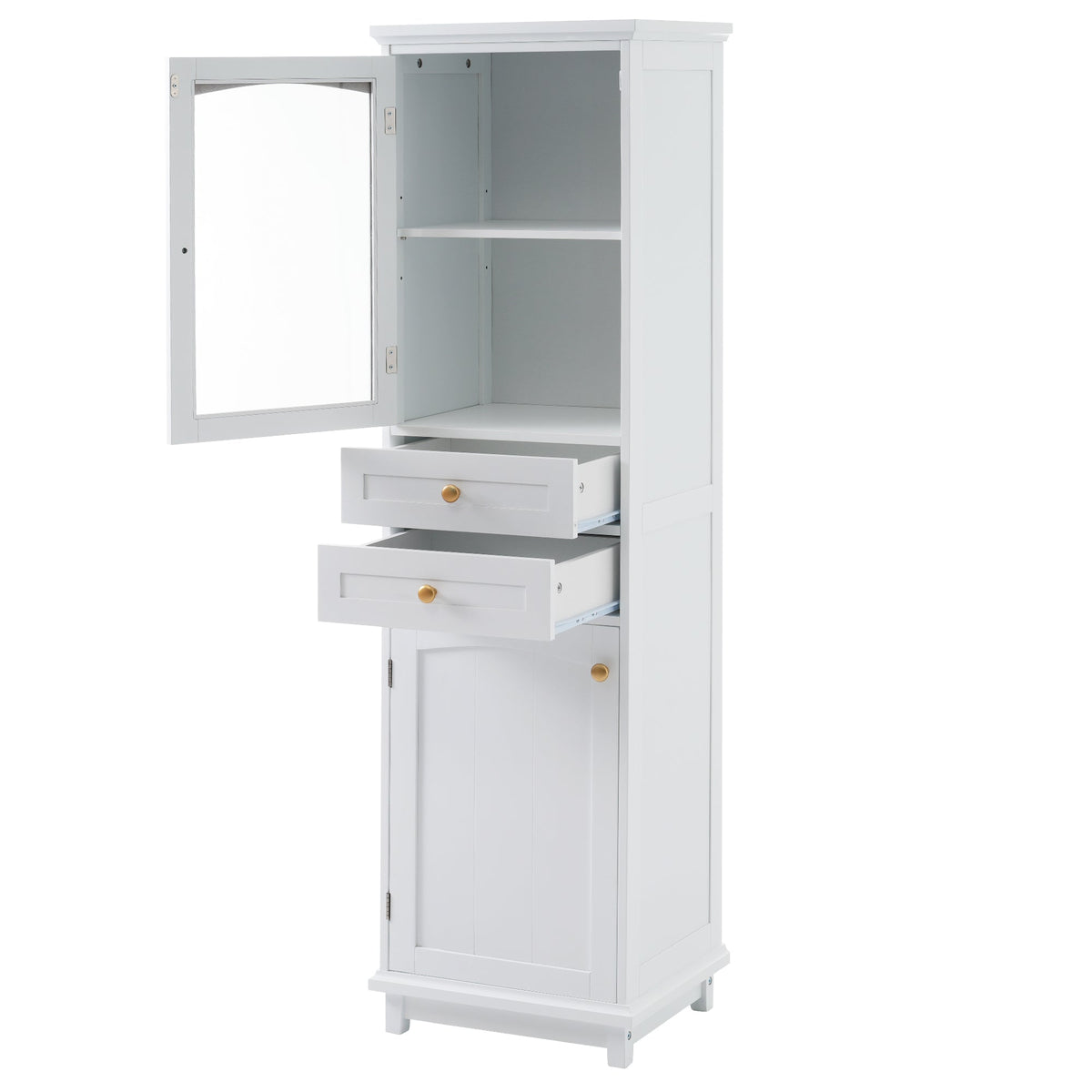 Tall Bathroom Storage Cabinet, Glass Door & Drawers