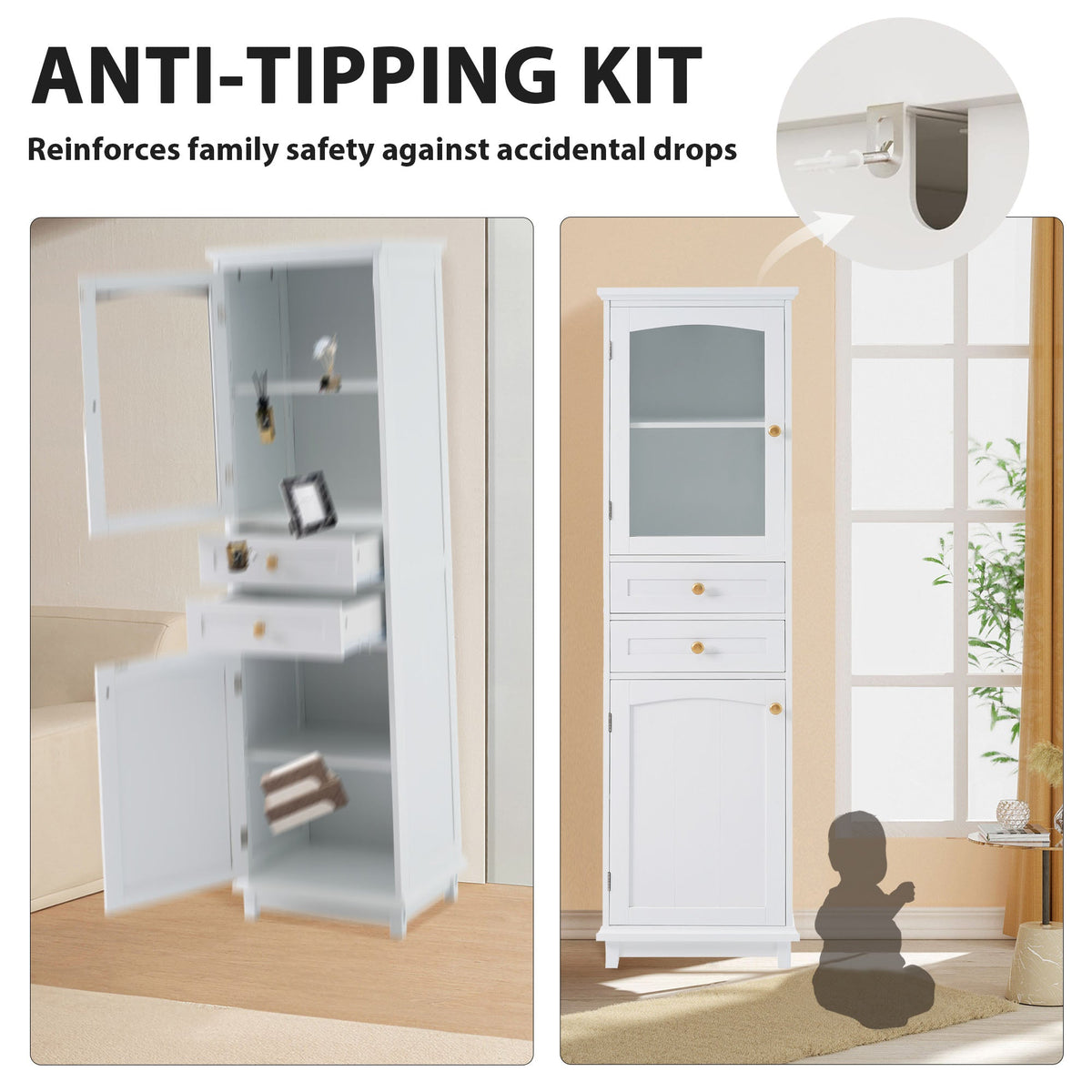 Tall Bathroom Storage Cabinet, Glass Door & Drawers